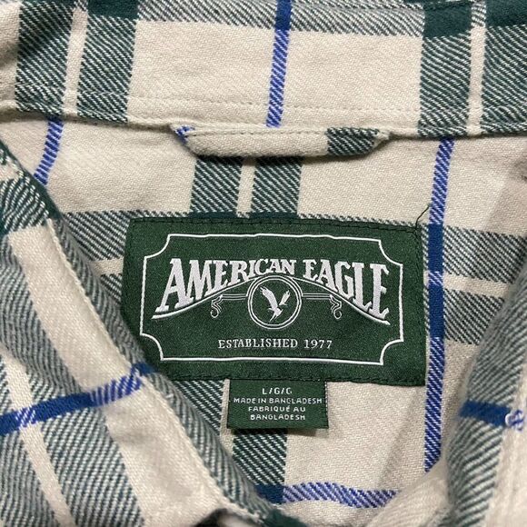 American Eagle Vintage Cream Green Plaid Flannel Button Front Shirt Men's Large - Picture 5 of 8